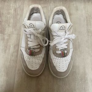 Loeffler Randall sneakers with colorful safety pins.